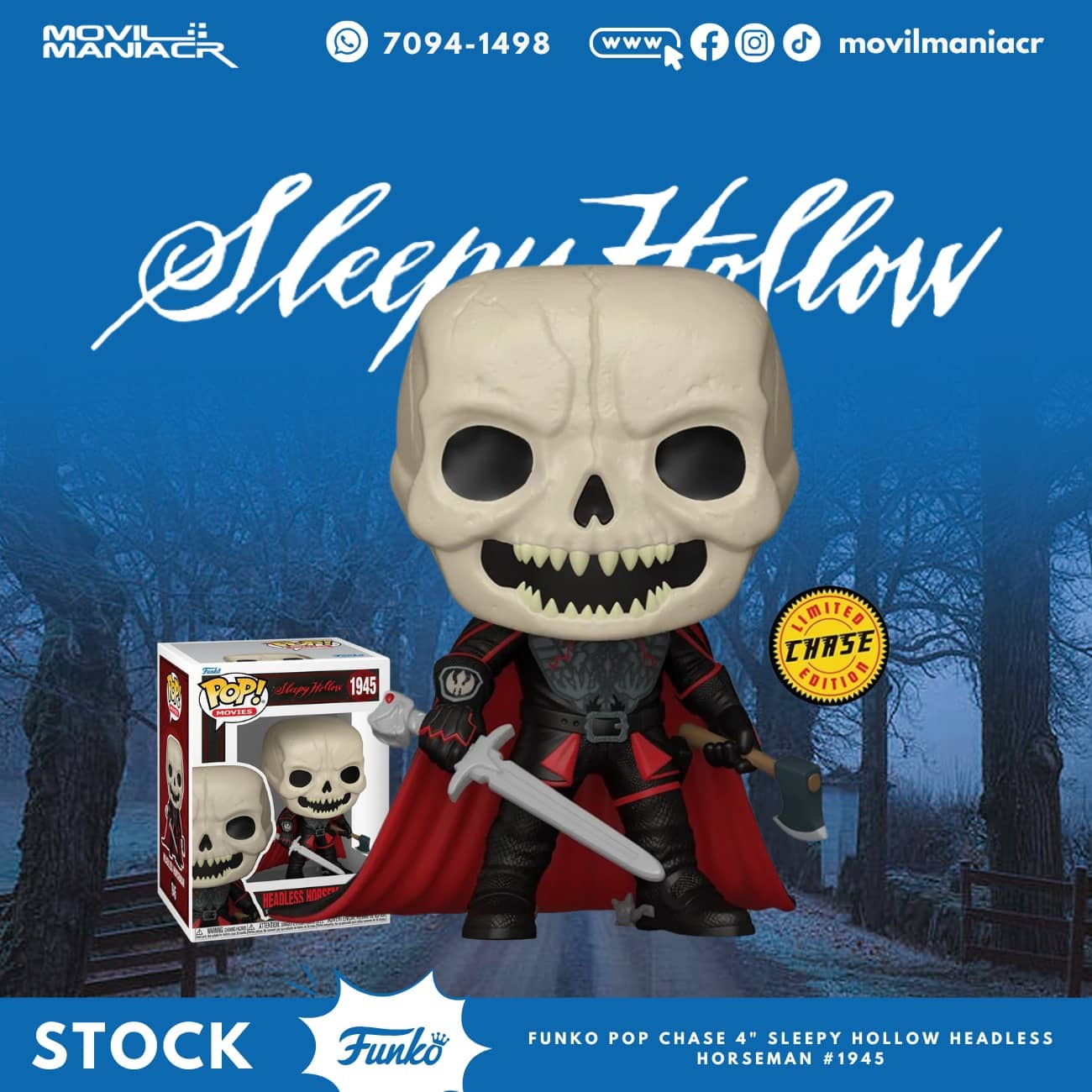 Funko Pop Sleepy Hollow Headless Horseman Chase #1945 - (Stock) ¡Disponible Ahora! 1 🎃🔥 ¡La leyenda regresa en su versión más exclusiva! El Funko Pop Sleepy Hollow Headless Horseman Chase #1945 presenta al icónico Jinete sin Cabeza en su edición Chase, una variante especial y altamente buscada por coleccionistas. Con detalles únicos que lo diferencian de la versión regular y una presencia aún más imponente, esta figura intensifica la atmósfera oscura y legendaria de Sleepy Hollow. 🖤 Ideal para fans del terror clásico y coleccionistas que buscan piezas exclusivas, raras y de alto impacto visual. 🌟 ¡Disponible ahora en stock! Sumá al Headless Horseman Chase a tu colección y llevá la leyenda a otro nivel con esta edición especial. ¡Una joya imprescindible para los amantes del horror!